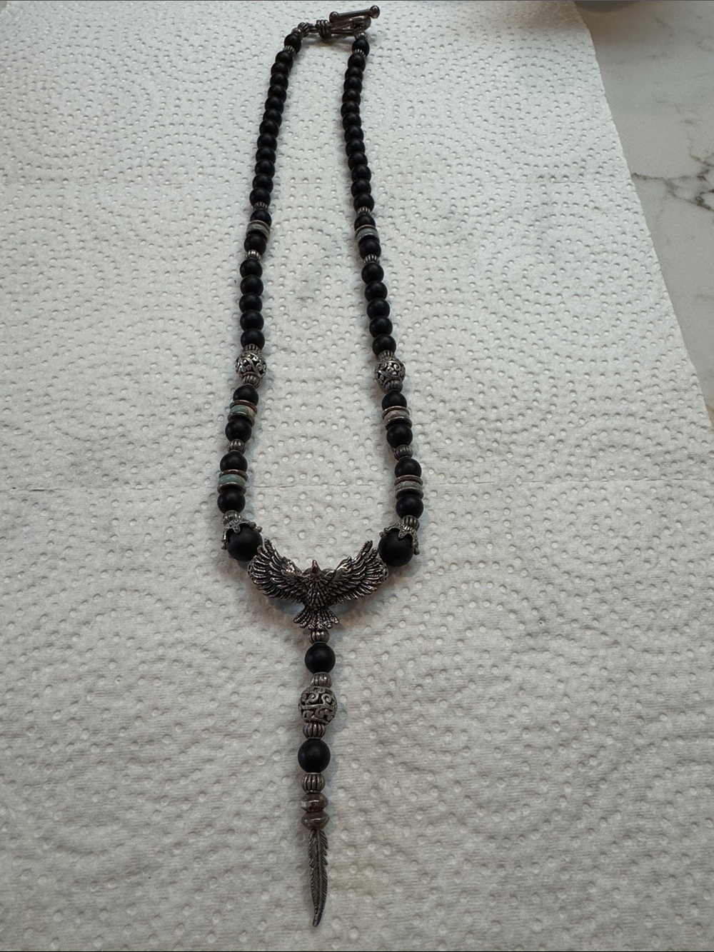 Black Beaded Necklace with Silver Eagle Pendant